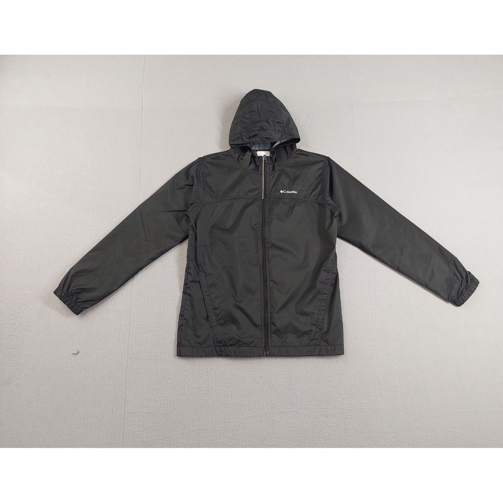 Columbia Boy Rain Jacket L‎ Black Packable Omni Tech Hooded Full Zip Outerwear